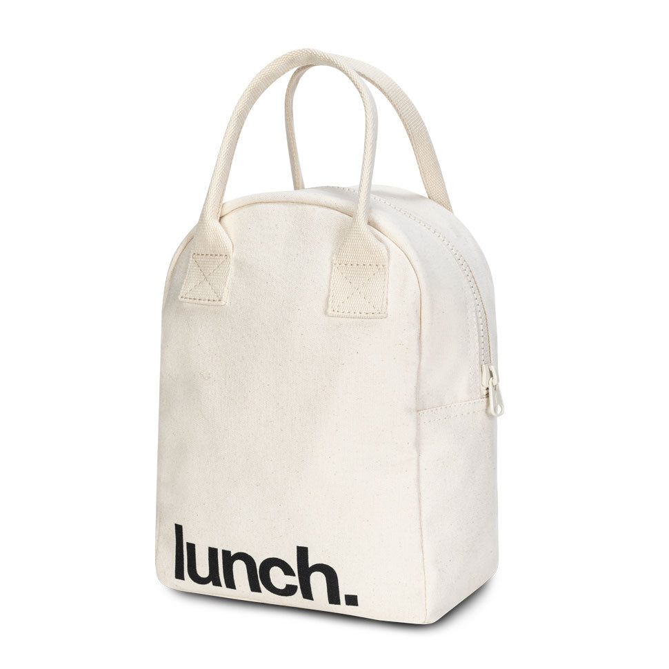 white lunch bag with black 'lunch' motif and white handles by Fluf