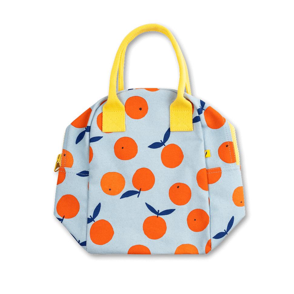 flat-packing lunch bag with print of oranges 