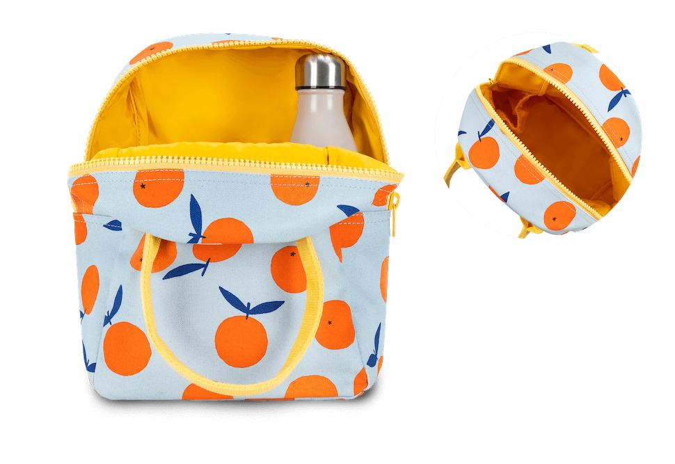 Organic Cotton lunch bag with oranges print with bottle pocket by Fluf Canada