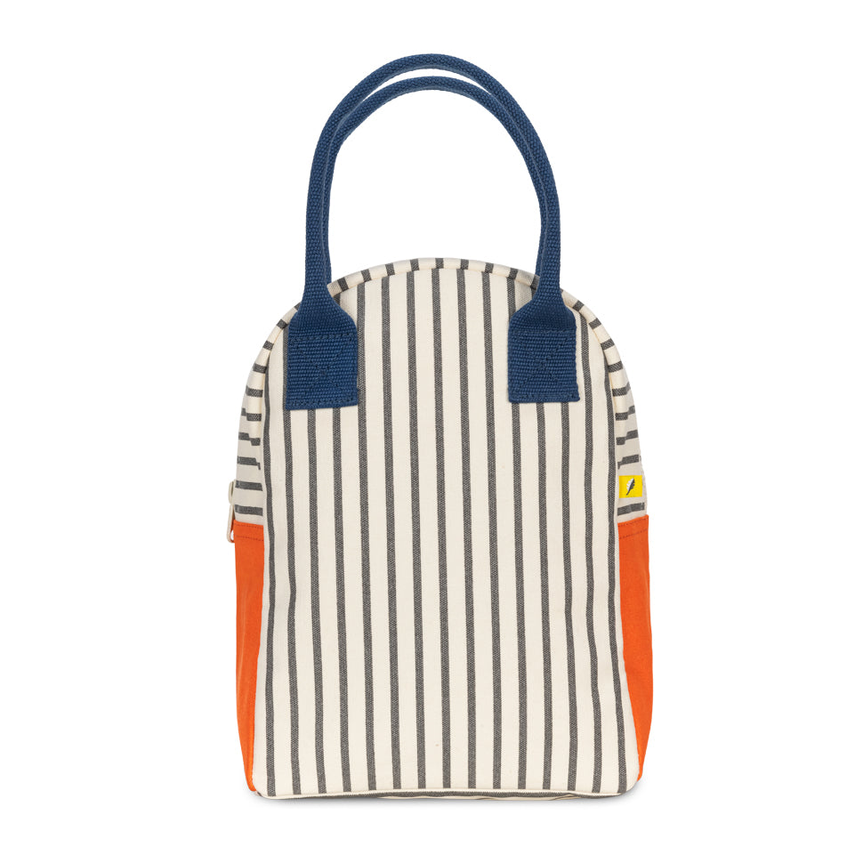 Organic cotton zipper lunch bag with grey stripes and blue handle