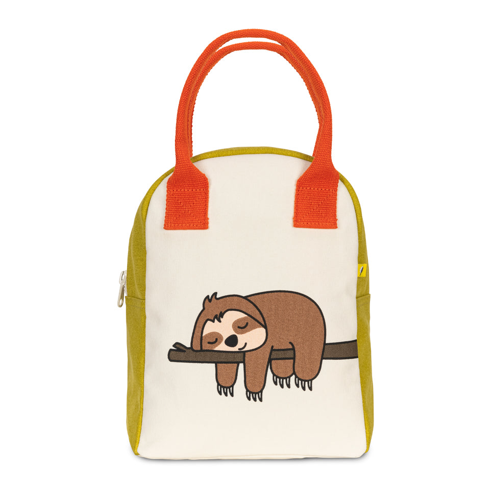 Organic cotton zipper lunch bag with sloth print