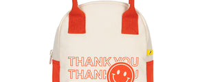 Organic cotton zipper lunch bag with thank you text