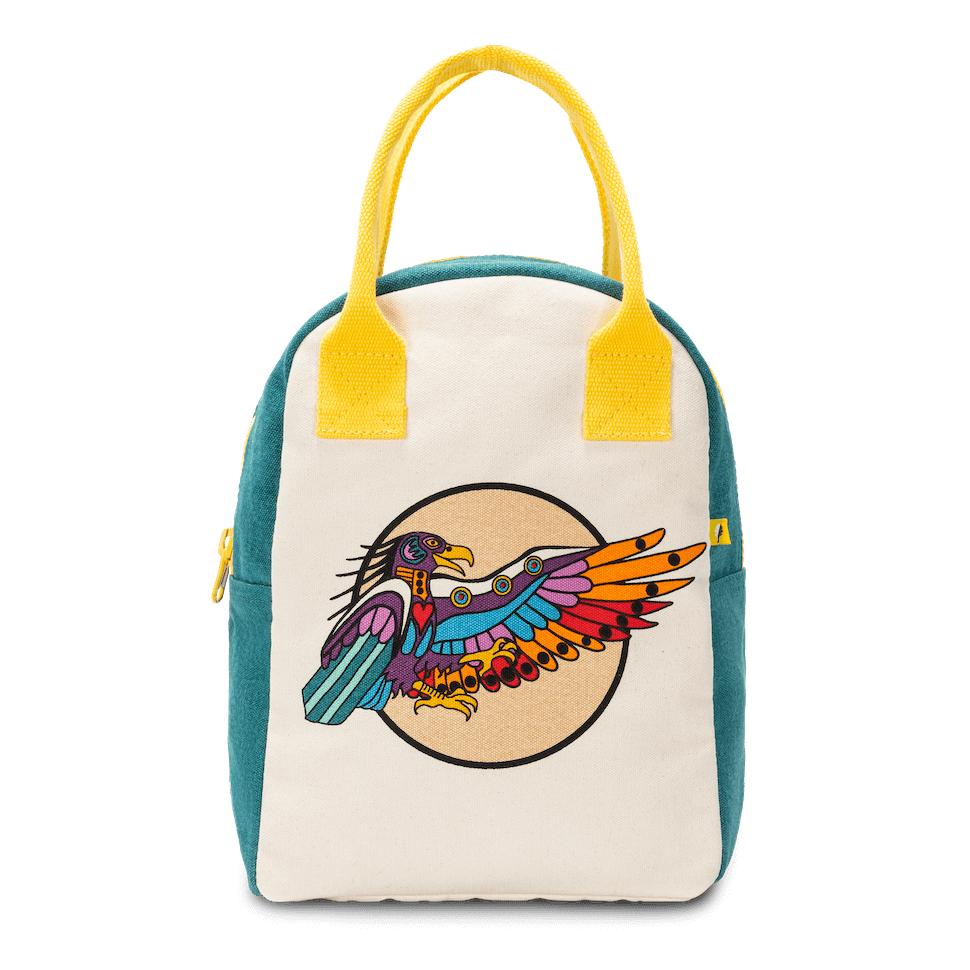 Fluf designer lunch bag featuring Indigenous art and symbolism: wolf and eagle. Collaboration with artist Philip Cote. Eco-friendly, sustainable, and handmade with organic materials."  This alt text includes more specific information about the product, the collaboration, and key features such as eco-friendliness and sustainability.