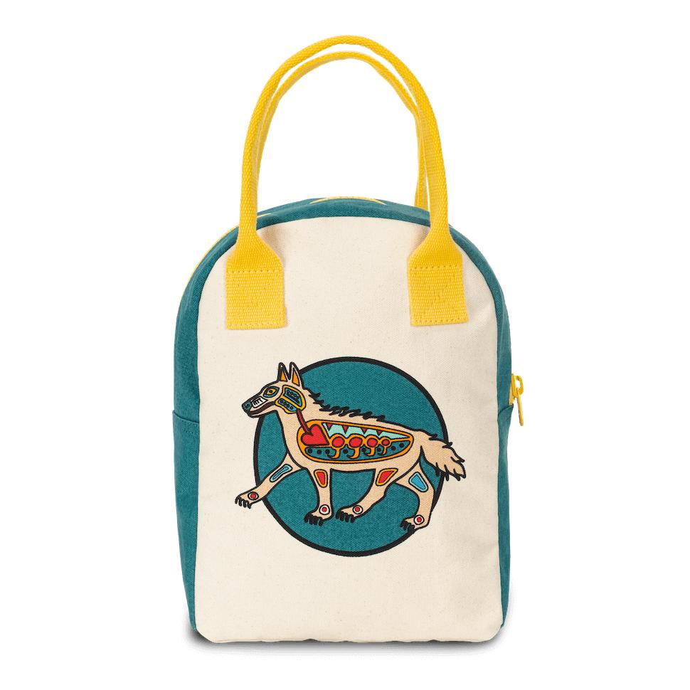 luf designer lunch bag featuring Indigenous art and symbolism: wolf motif . Collaboration with artist Philip Cote