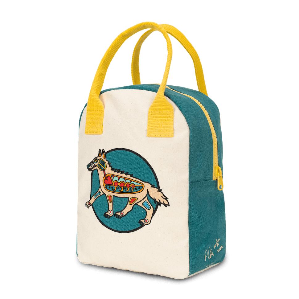 luf designer lunch bag featuring Indigenous art and symbolism: wolf and eagle.