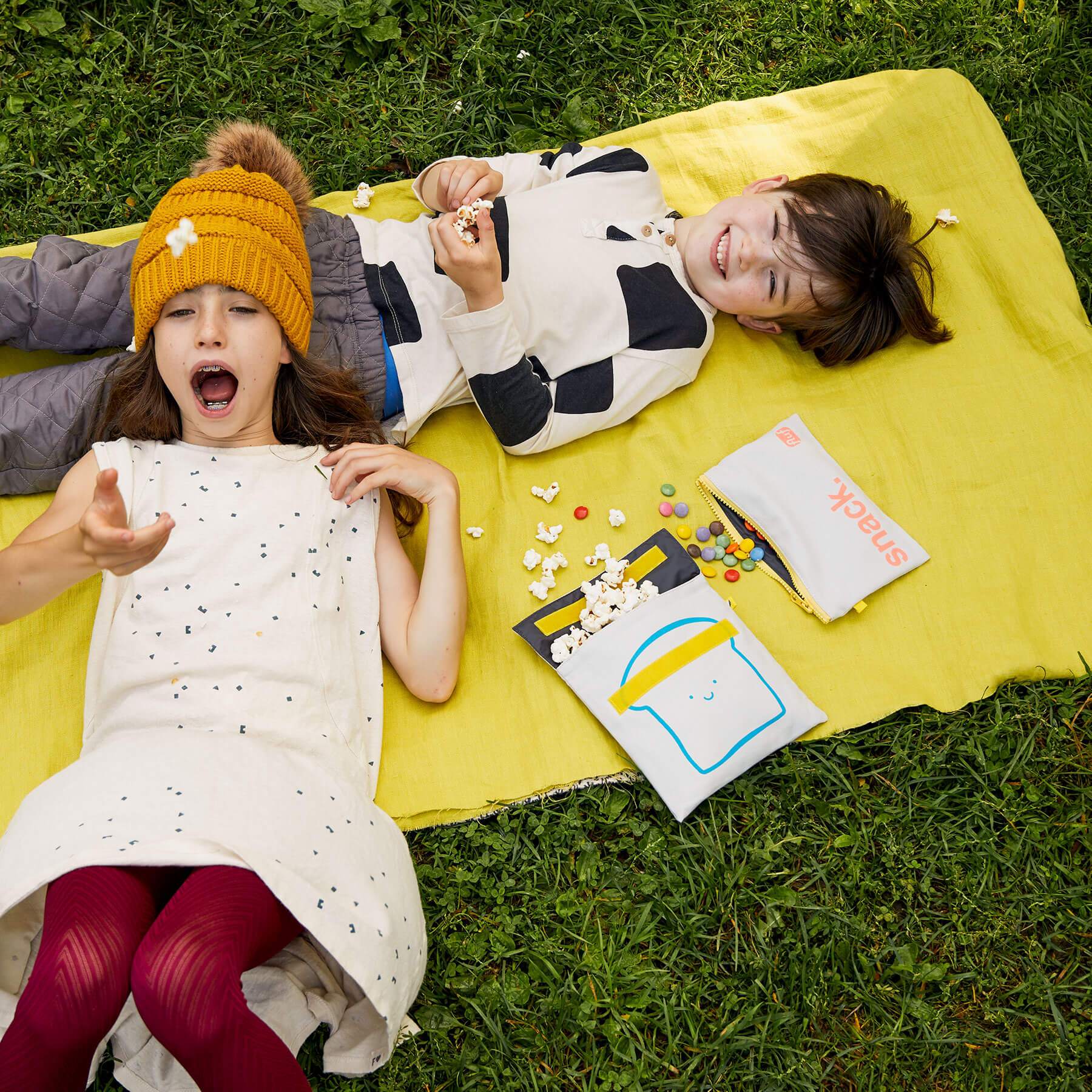 Bread Blue Snack Pack with 2 kids eating popcorn