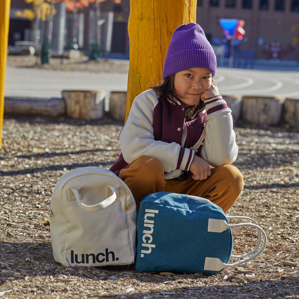 white and Blue lunch bags by Fluf 